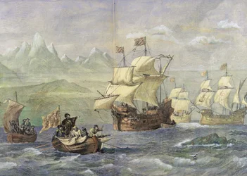 マゼラン海峡の発見 (カラー彫刻)