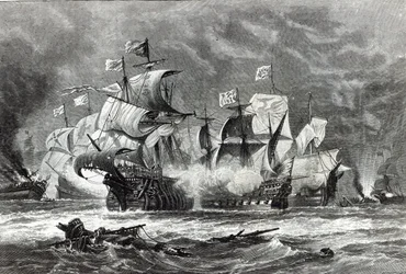 ウィリアムウィンター卿の下で、1888年の「レジャーアワー」からスペイン軍艦隊と交戦するヴァンガード