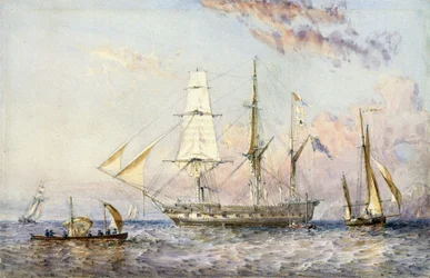 HMS「ガラガラヘビ」号（1822年）。オズワルド・ウォルター・ブライアリー卿（1817-1894）による水彩画1853年。