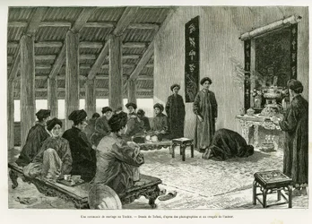 トンキンでの結婚式の様子。エドワード・シャルトン（1807-1890）の指揮の下、ポール・オカール博士が1884年に発表した「Tente mois au Tonkin」の物語を説明するために、トファーニが描いた版画。