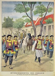 1899年から1901年のボクサーの反乱の際の中国の正規兵による武装した護衛の下のヨーロッパ人外国人、1900年7月18日の「ルプチジャーナル」のイラスト