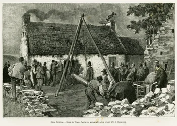 立ち退きの場面。1889年にマリー・アンヌ・ドゥ・ボヴェが描いた「Trois mois en Irlande」の挿絵を、トファーニが描いたもの。