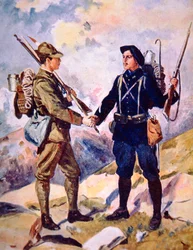 Frères Alpins」、戦友として握手するイタリアとフランスのアルプス兵、山の技術（カラーリトグラフ