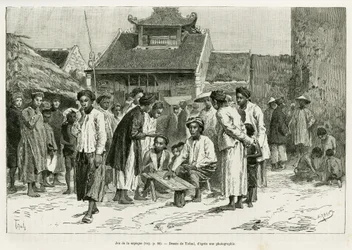サペックのゲーム。エドワード・シャルトン（1807-1890）の指導の下、1884年にポール・オカール博士が書いた「トンキンでの3時間の出来事」を説明するために、トファーニが描いた版画。