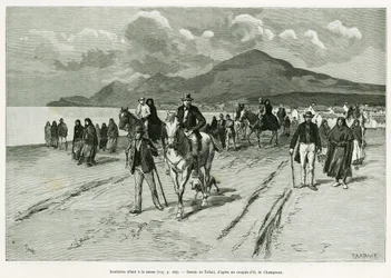 ミサに参加する島民。1889年にマリー・アンヌ・ドゥ・ボヴェが描いた『Trois mois en Irlande』の挿絵をトファーニが描いたもので、エドゥアール・シャルトン（1807-1890）監督の『le tour du monde 1890』に収録されている。