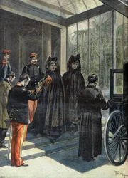 1899年、共和国大統領の死後、エリゼを去るフェリックス・フォール夫人（エングレーヴィング）