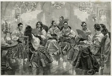 フィリピンのダラガで開催されたナルシソ中国貿易フェア。"フィリピンへの旅 "の物語を説明するためにトファーニが描いた版画