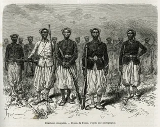 探検隊の護衛のセネガル人騎兵。1880年から1881年にかけて、海兵隊歩兵中佐ガリエニが行ったオー・ニジェールでの探検の物語を説明するために、トファーニが描いた版画。