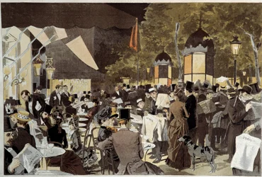 選挙の夜の大通りのカフェテラス。Osvaldo Tofani (1849-1915) の絵画から Ec.Ital.