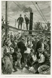 船の甲板の様子。1882年にポール・モンソーが描いた「Voyage en Thessalie」の挿絵をトファーニが描いたもので、エドゥアール・シャルトン（1807-1890）が監督した「le tour du monde 1887」に収録されている。