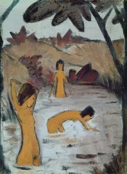 池の三人の水浴者。1912年頃