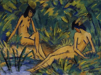 水で座っている女性;水のそばに座っている女の子c。 1914-16