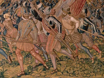 フランダースのタペストリー。 シリーズ Archduke Albert の勝利と戦い。 Ardres への夜間攻撃または Ardres の低い町の占領 (Asalto nocturno de Ardrés o Toma de la baja villa de Ardrés)。 シリーズ第3弾のタペストリー。 モデルのオットー・ヴァン・ヴィーンとハンス・I・スネル