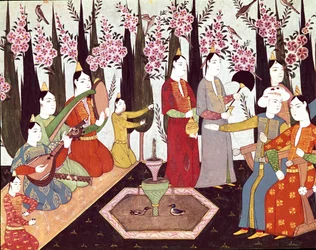 スルタン・アフメッド1世(1590-1617)のアルバムに描かれたミニチュア・ハーレムで行われる祭り 17世紀 イスタンブール、トプカプ・サライ博物館付属図書館