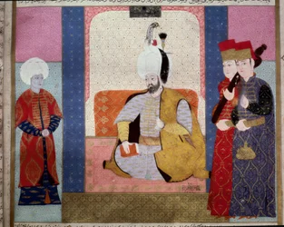 オスマン帝国：「スルタン・ムラド3世（1546-1595）が宮廷人を囲む」ミニチュア（Seyyd Lokman Ashuri 1583 Istanbul, Turkish-Islamic Art Museum, "Zubdat al Tawarikh" (Ms. 1973, fol. 59b)より