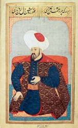 オスマン帝国：初代スルタン・オスマン1世（1258～1326年）の肖像画 ミニチュア：Seyyid Lokman Husseinの写本「Human physiognomy（オスマン家の個人的なアレンジについて）」より。(Ms. ty6087 folio 21b)