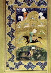 オスマン帝国：「恐るべき者」と呼ばれるスルタン・セリム1世（1470-1520）が馬に乗って狩猟をしているところをゲパードと戦っている様子を描いたもの。スルタン・セリム1世の「ディヴァン」（詩集）のミニチュア（Ms.FY1330, fol.58a） 16世紀