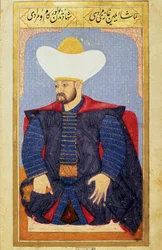 オスマン帝国のスルタン、ムラド1世（1326-1389）の肖像 ミニチュア：Seyyid Lokman Hussein著「Human physiognomy (About personal arrangements of the Ottomans)」の写本より。(Ms. ty6087 folio 27b)