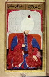 スレイマン1世（1494-1566）、オスマン帝国のスルタン ミニチュア：Seyyid Lokman Hussein著「Human Physiognomy（オスマン帝国人の身だしなみについて）」の写本より。(Ms. ty6087 folio 27b)