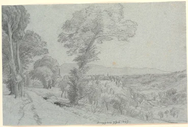 「Genazzano 9 Juli 1869.」を望むイタリアの山の風景。