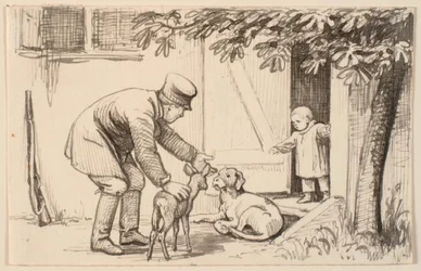 男と子供と犬