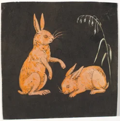 黒い背景の2羽のノウサギ（ウサギ？）。装飾的な下絵。