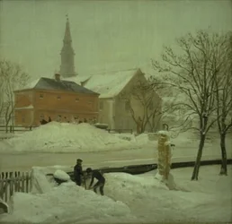 Christianshavn の Løwener の邸宅にあるアーティストの住居からの眺め。 雪が降る冬の日