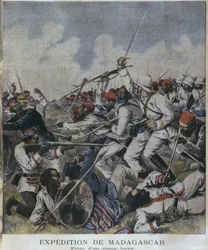 マダガスカル遠征、ホバキャンプの撮影、「ルプチジャーナル」のイラスト、補足図解、1895年6月2日、ヘンリマイヤー（1844-91）による彫刻