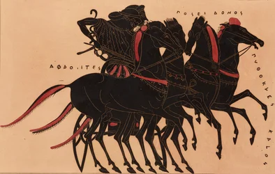 ギリシャのアンフォラの装飾の版画、1858 年頃、戦車でポセイドンを運転しているアフロディーテを示しています。