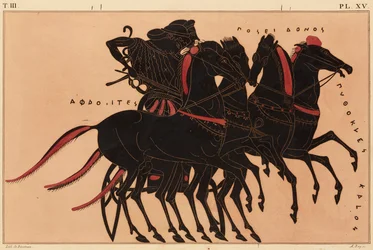 アフロディーテがポセイドンを戦車に乗せて走っているギリシャのアンフォラの装飾の版画、1858年頃（水彩、ボディカラー、リトグラフ、織紙