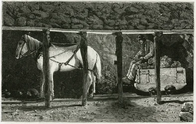 berlaineのあるギャラリーの内部。ベルギーの作家、カミーユ・ルモニエ（1844-1913）の物語「ベルギー」を説明するためのフェラートの版画。Edouard Charton（1807-1）編集のLe Tour du monde, nouveau journal des voyages, second semester 1884に掲載。