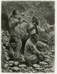 石炭を鉱脈に取り出す坑夫たち。ベルギーの作家、カミーユ・ルモニエ（1844-1913）の物語「ベルギー」を説明するためのフェラートの版画。Edouard Charton（1807～）編集のLe Tour du monde, nouveau journal des voyages, second semester 1884に掲載。