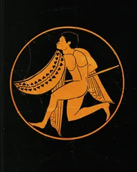 黒い戦士。エトルリア、ポッジョ・ソマヴィッラ出土、赤い絵の杯の中央メダイヨン。510-500 bce ...