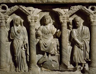初期キリスト教時代の石棺（祝福されたジレスの石棺とも呼ばれる）、大理石、イタリア、詳細、ウンブリア、ペルージャ、サン・ベルナルディーノのオラトリオ、4世紀