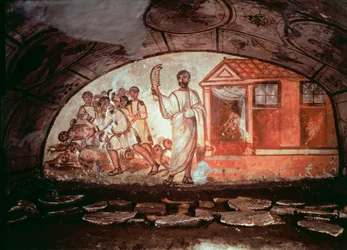 初期キリスト教美術（古代ローマ時代）：ロバの顎骨を武器にしたサムソンが1000人のペリシテ人を虐殺する。ローマのヴィア・ラティーナのカタコンベのフレスコ画。4世紀。初期キリスト教美術。ロバの顎骨でペリシテ人を打つサムソン。フレスコ画