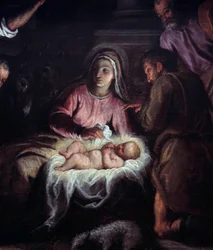 羊飼いたちの崇拝 パルマ・ジョヴァンネ（1544-1628）の絵画の細部。17世紀 ジュネーブ美術史博物館