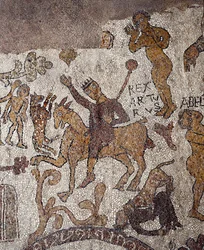 アーサー王とパーセバルの表現。司祭・パンタレオーネのモザイク。1163-1166.イタリア、オトラントのカテドラル（オトラント）の中央身廊