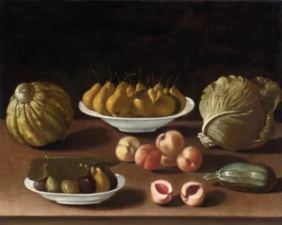 "Nature morte aux poires, peches, figues, melon chou et courge" (洋梨、桃、イチジク、メロン、キャベツ、骨髄のある静物) Peinture de Paolo Antonio Barbieri (1603-1649) 油彩・キャンバス、76,5x94 - Private Collection