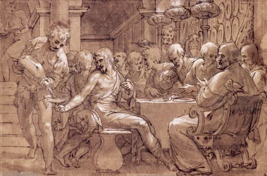 聖グレゴリーの晩餐、Paolo Farinati (1524-1606) 作、灰褐色の水彩、ペン、白の芯、黒の鉛筆、イタリア