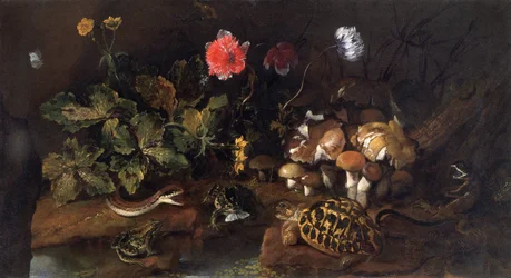 「ヘビ、カエル、カメ、トカゲのある静物」、1656-1673