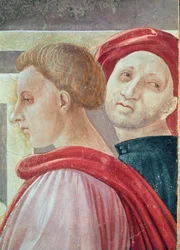 寺院でのマリアの贈与、1433-34（詳細）からの2人の男性の頭