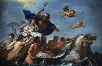 De Matteis, Paolo (1662-1728) ネプチューンとアンフィトリテの凱旋 油彩・キャンバス バロック期のイタリア、ナープル派 ボルディゲーラのヴィラ・マルゲリータ 51x76 絵画