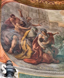 イタリア、タラント、大聖堂のサン・カタルド礼拝堂、丸天井と太鼓に描かれた1714年のパオロ・デ・マッテイ作の聖人の生涯を描いたフレスコ画（写真）。