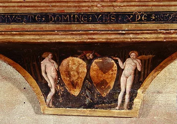 天使と聖人を抱く謙遜の聖母」より「アダムとイヴ」 1440年頃 パネルに金とテンペラ （詳細
