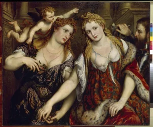 フローラ、ヴィーナス、マーズ、キューピッド (フローラ、ヴィーナス、マーズ、キューピッド)。 Paris Bordone (1500-1571) の絵画、キャンバスに油彩、1550 年頃。 イタリア美術 (ヴェネツィア)