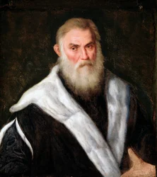 毛皮のコートを着た老人の肖像 パリス・ボルドン（1500-1571）の絵画 16世紀 薄暗い 70x62 cm Genes Musei di Strada Nuova (ex Palazzo Rosso)