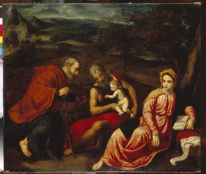 エジプトへのフライトで休む。 Paris Bordone (1500-1571) の絵画、キャンバスに油彩