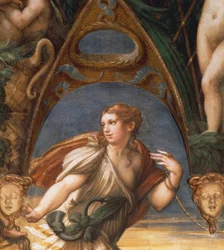 パルミジャニーノことフランチェスコ・マッツォーラ（1503-1540）のフレスコ画「牧童に捕らえられたニンフ」。詳細ロッカ・サンヴィターレ、フォンタネラート、エミリア・ロマーニャ州。