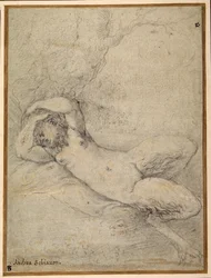 木の下で眠るサチュレス（黒チョークに白のボディカラーで盛り上げ、カルタ・アズーラに描く