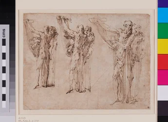 会話する聖ジェロームと聖フランチェスコの3つの習作、レクト 1534-1539年頃 （敷紙にペン、褐色インク、灰色水彩）